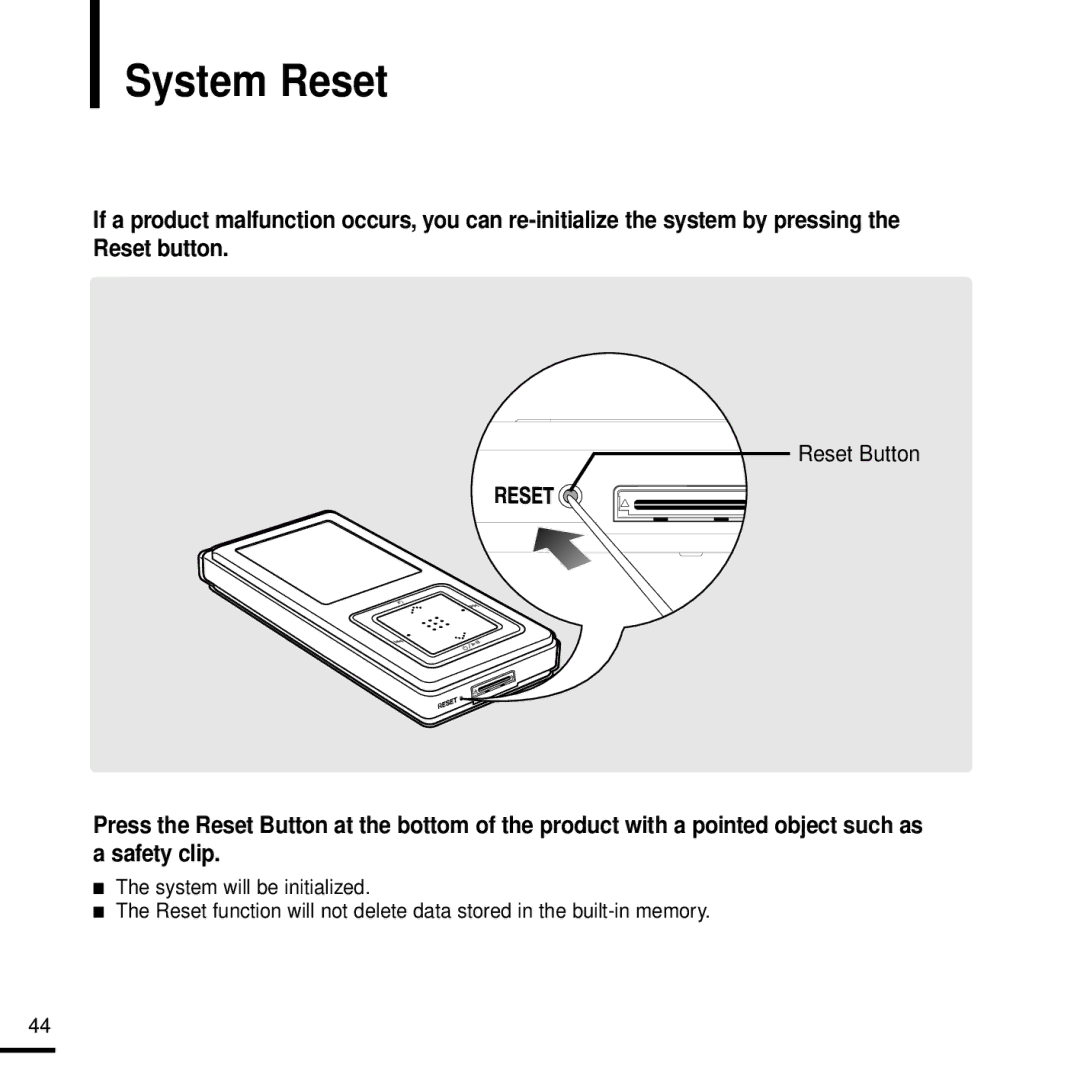 Samsung YP-Z5 manual System Reset, Reset Button 