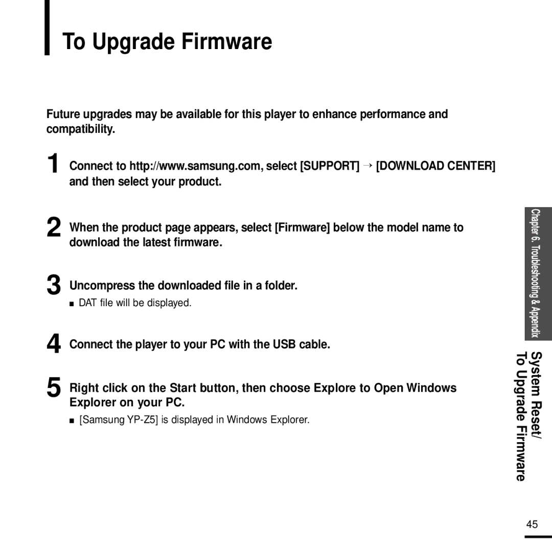 Samsung YP-Z5 manual To Upgrade Firmware, Then select your product, Explorer on your PC 