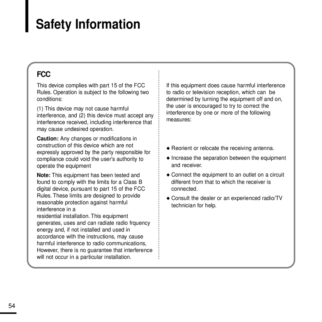 Samsung YP-Z5 manual Safety Information, Fcc 