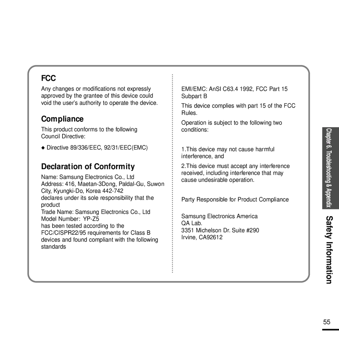 Samsung YP-Z5 manual Compliance 