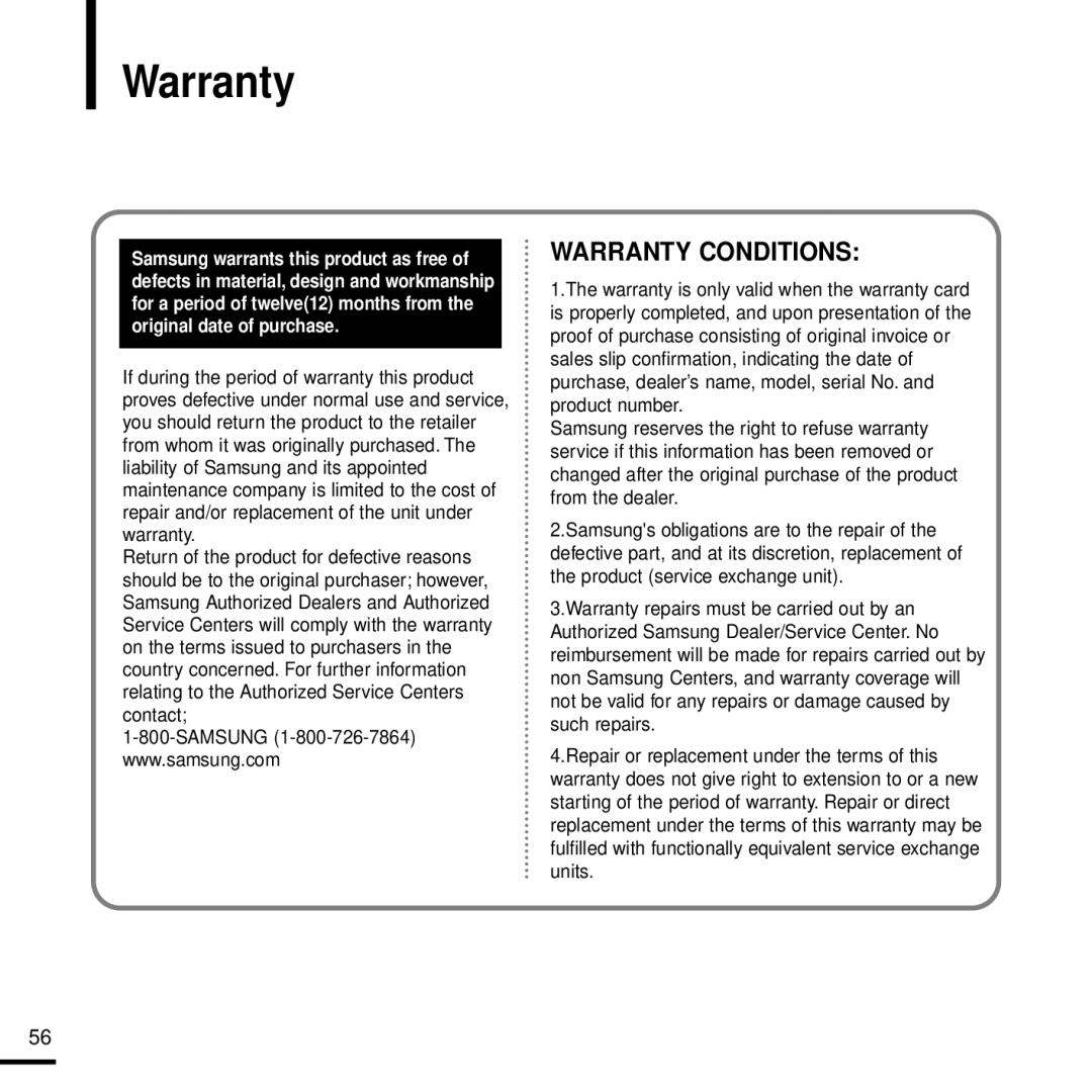 Samsung YP-Z5 manual Warranty Conditions 