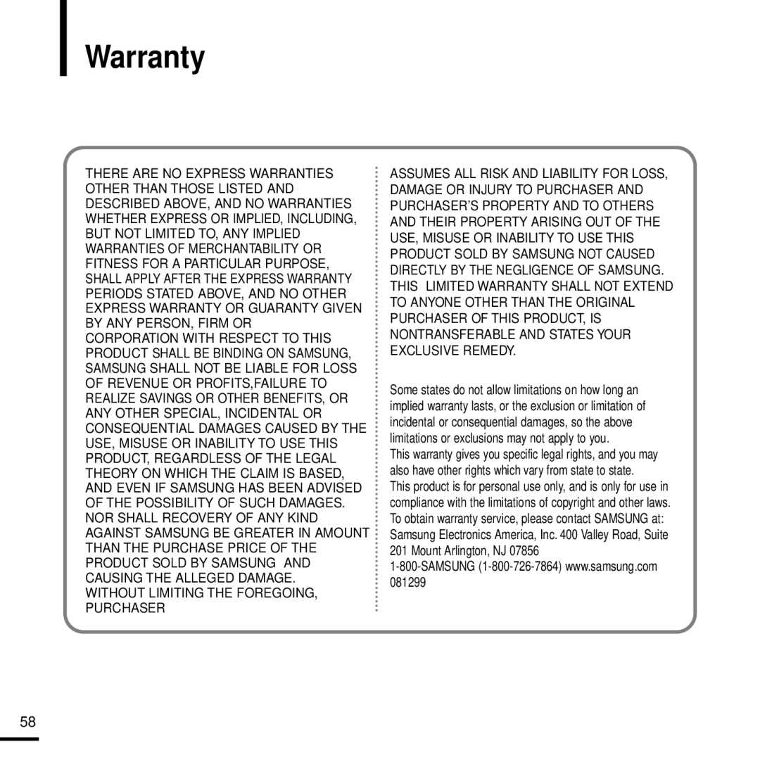 Samsung YP-Z5 manual Other than Those Listed 