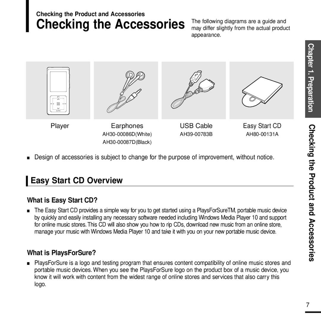 Samsung YP-Z5 Easy Start CD Overview, What is Easy Start CD?, What is PlaysForSure?, Checking the Product and Accessories 