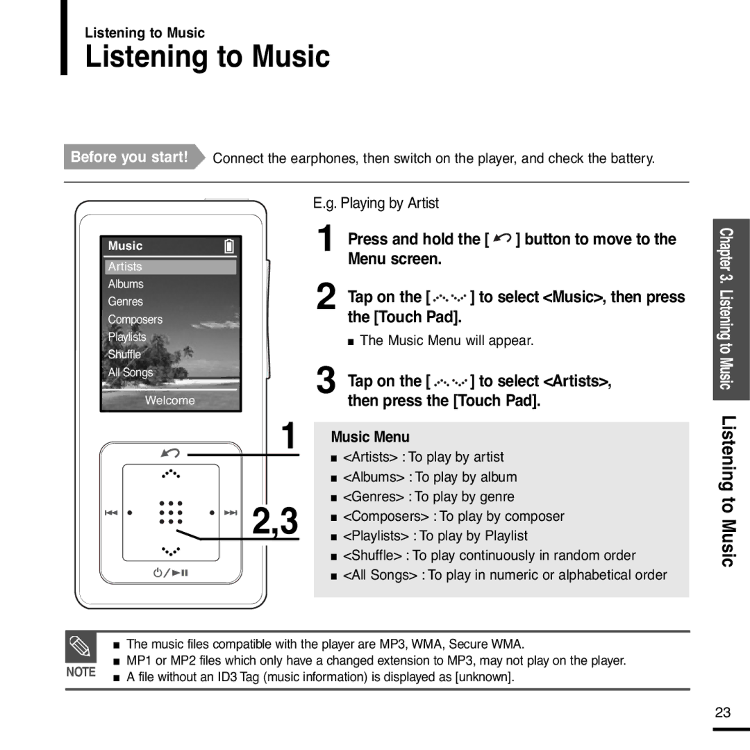 Samsung YP-T55XL/XET, YP-Z5AW/ELS, YP-Z5QS/ELS, YP-Z5QB/ELS, YP-Z5QW/ELS, YP-Z5QP/ELS Listening to Music, Playing by Artist 