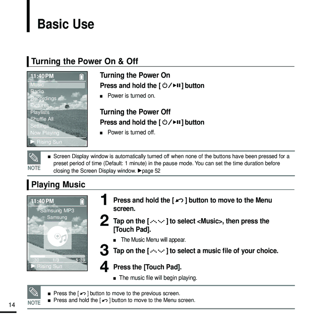 Samsung YP-Z5QB/ELS, YP-Z5FQB/ELS, YP-Z5FAW/XEF, YP-Z5FZW/ELS manual Basic Use, Turning the Power On & Off, Playing Music 