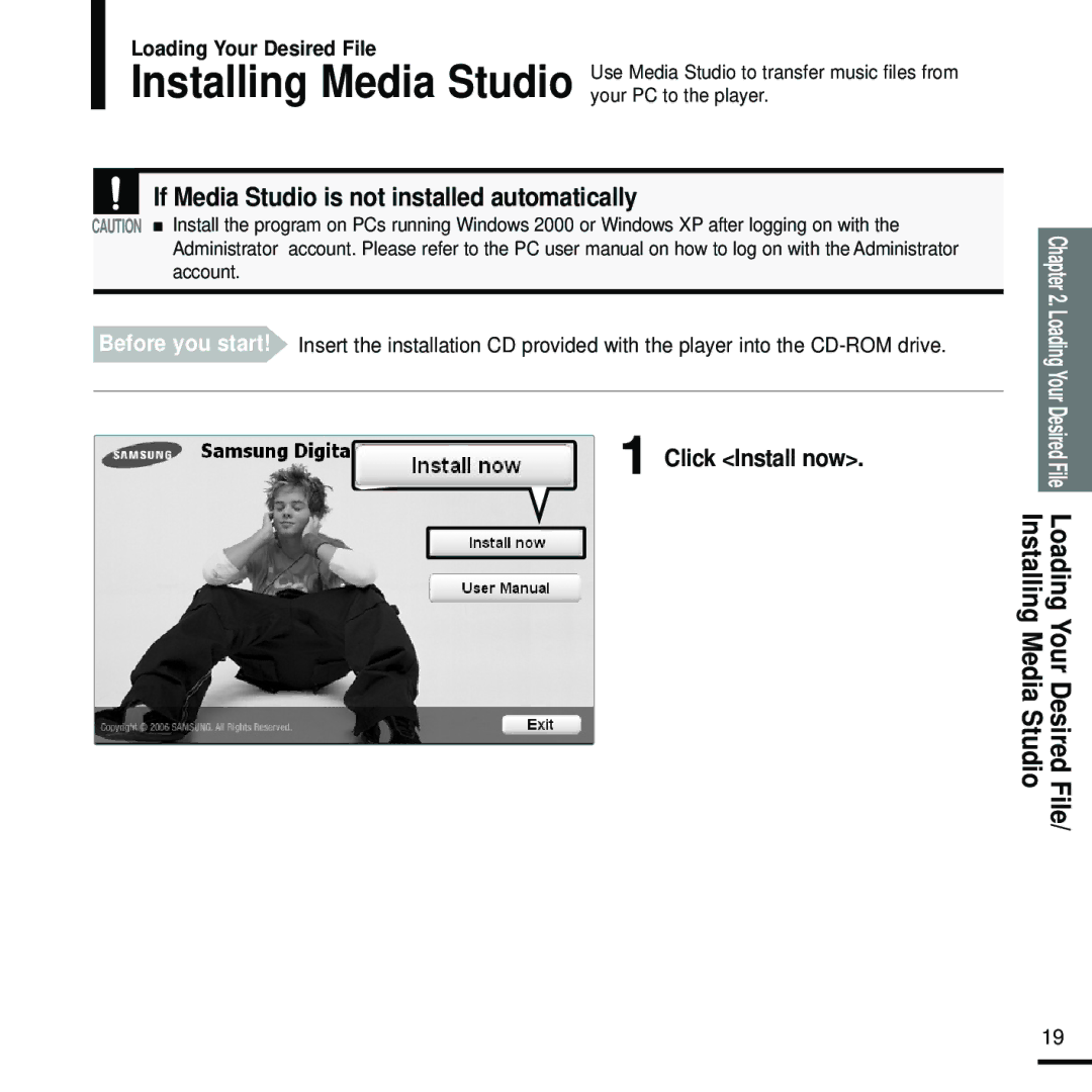 Samsung YP-Z5FAW/XET, YP-Z5FQB/ELS, YP-Z5FAW/XEF manual If Media Studio is not installed automatically, Click Install now 