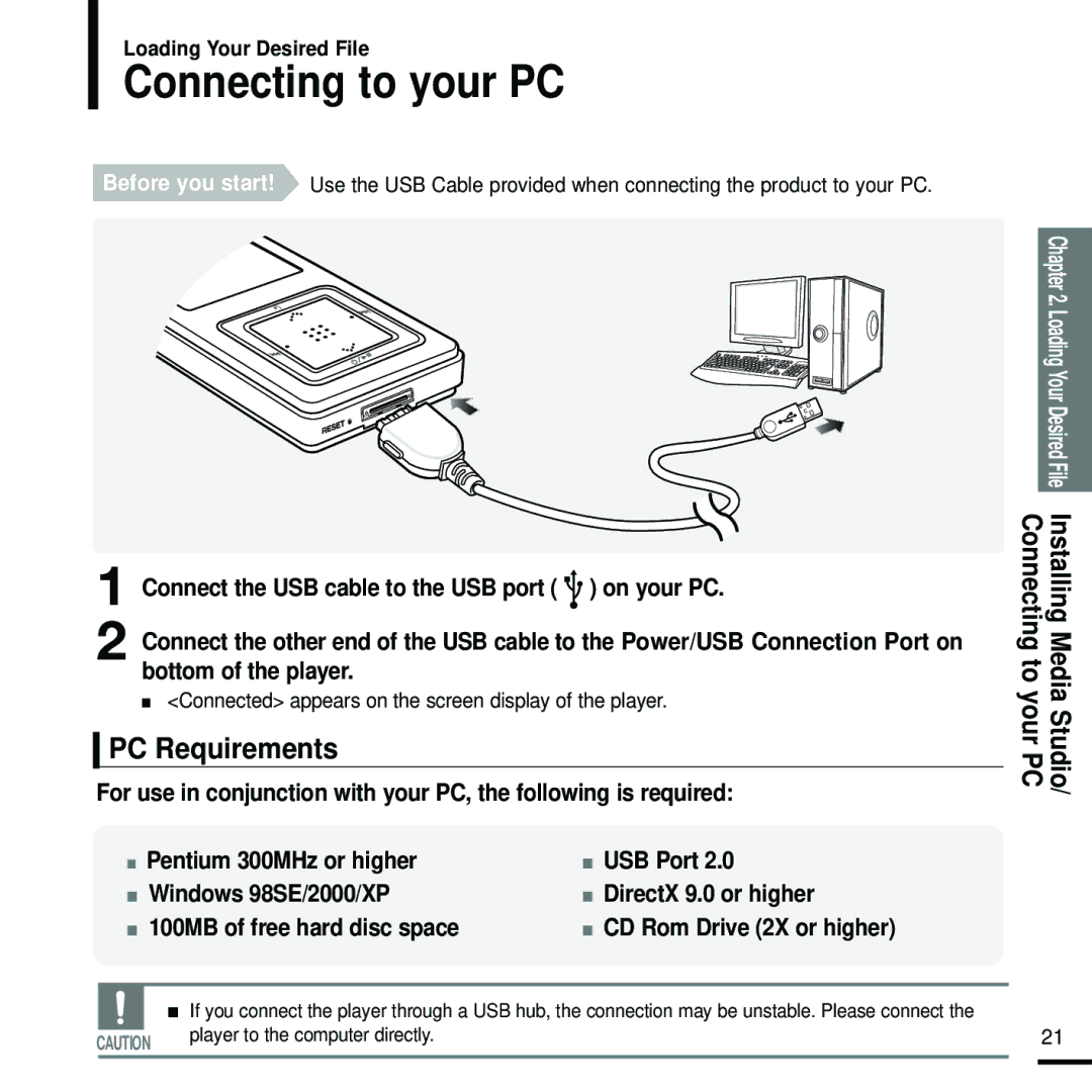 Samsung YP-Z5FQB/XET, YP-Z5FQB/ELS, YP-Z5FAW/XEF, YP-Z5FZW/ELS Connecting to your PC, PC Requirements, Bottom of the player 