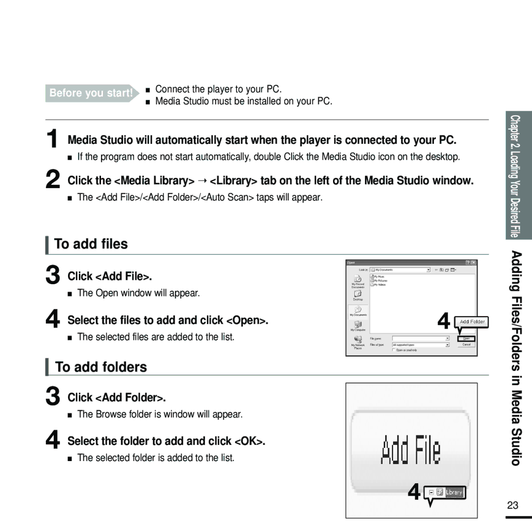 Samsung YP-Z5FAB/XET, YP-Z5FQB/ELS, YP-Z5FAW/XEF, YP-Z5FZW/ELS, YP-Z5FZB/XEF, YP-Z5FAB/XEF manual To add files, To add folders 