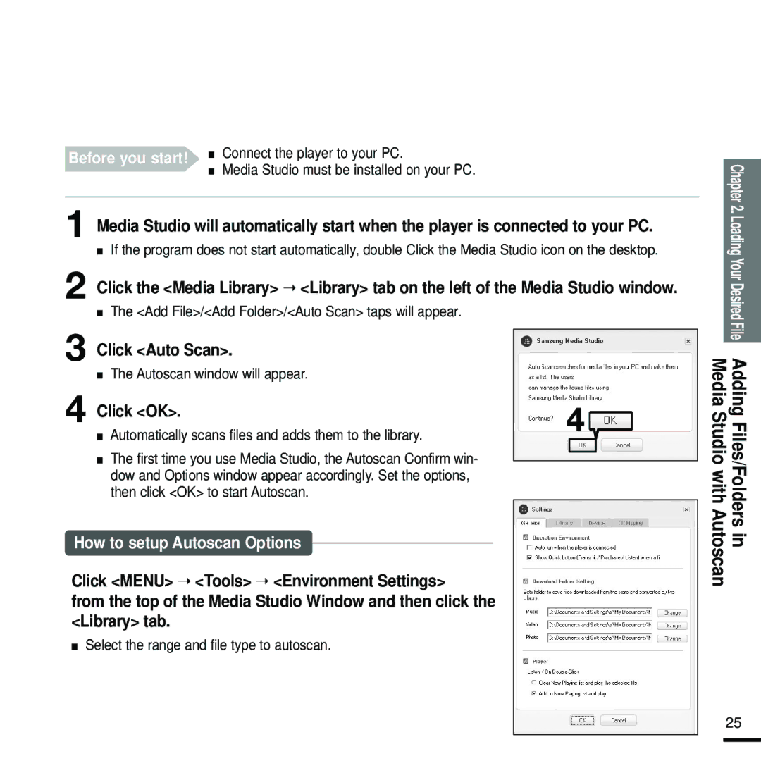 Samsung YP-Z5FZB/OMX, YP-Z5FQB/ELS, YP-Z5FAW/XEF, YP-Z5FZW/ELS, YP-Z5FZB/XEF, YP-Z5FAB/XEF manual Click Auto Scan, Click OK 