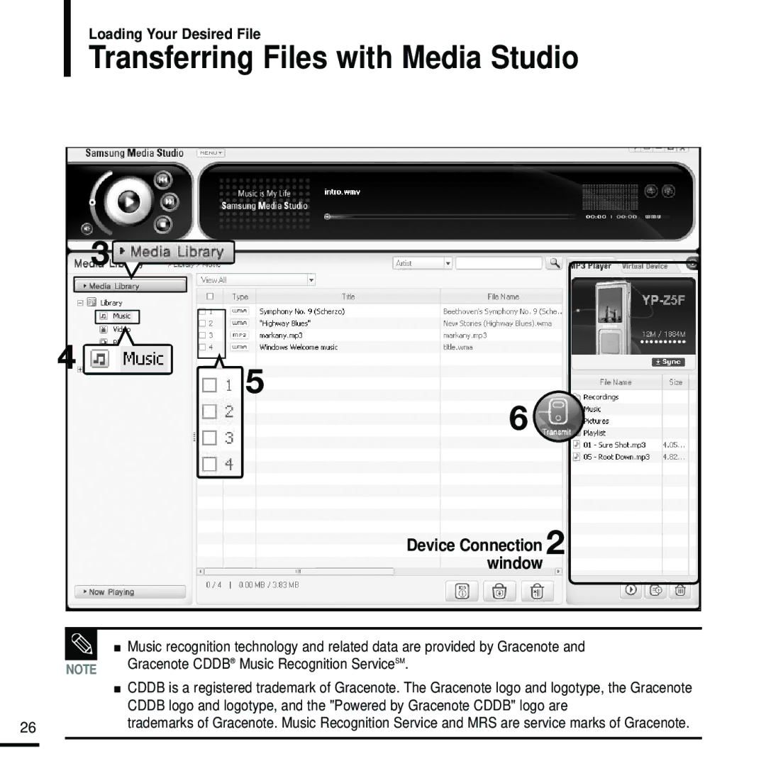 Samsung YP-Z5FQB/OMX, YP-Z5FQB/ELS, YP-Z5FAW/XEF manual Transferring Files with Media Studio, Device Connection 2 window 