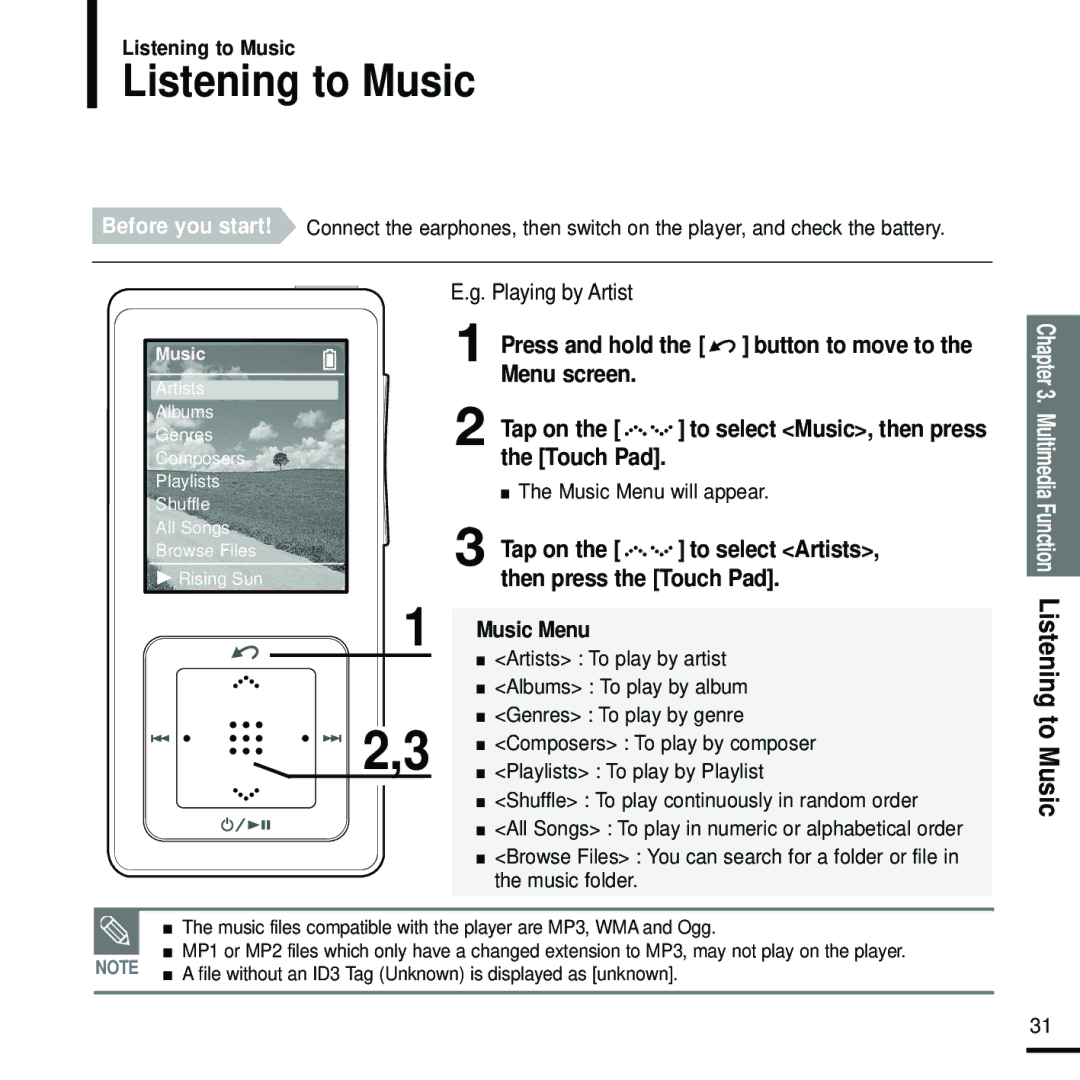 Samsung YP-Z5FZS/XSV manual Listening to Music, Press and hold the button to move to Menu screen Tap on, Playing by Artist 