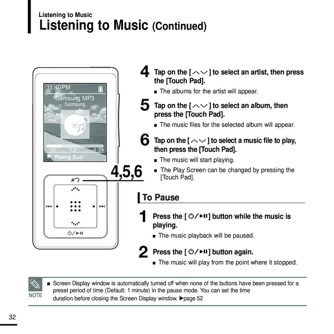 Samsung YP-Z5FQS/XSV To Pause, Tap on the to select an album, then press the Touch Pad, Playing, Press Button again 