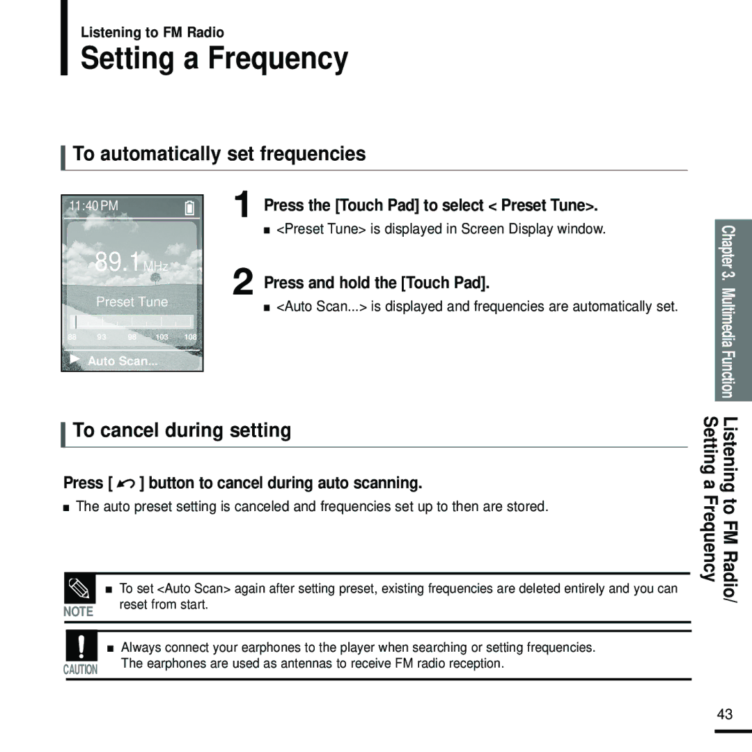 Samsung YP-Z5FZB/XEE, YP-Z5FQB/ELS manual Setting a Frequency, To automatically set frequencies, To cancel during setting 