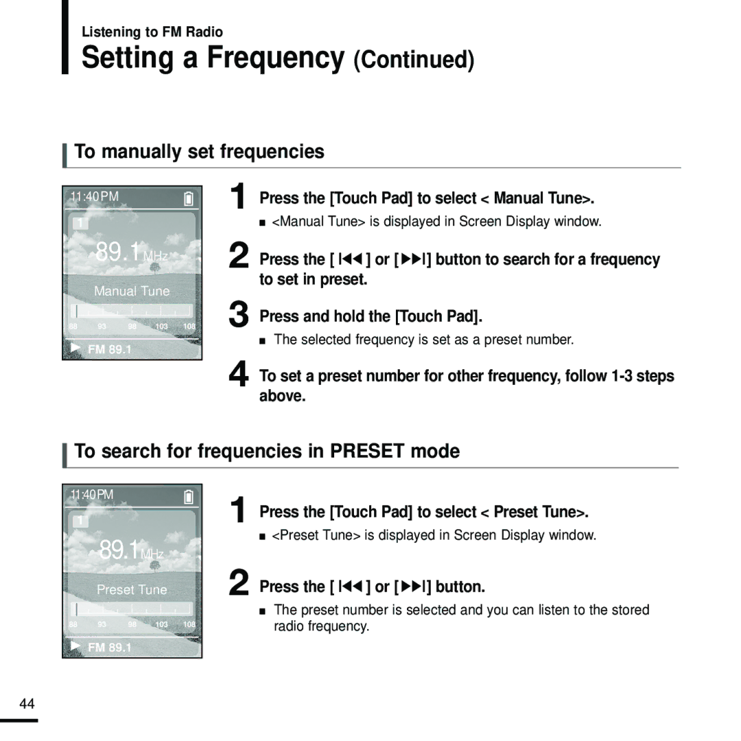 Samsung YP-Z5FZW/XEE, YP-Z5FQB/ELS, YP-Z5FAW/XEF To manually set frequencies, To search for frequencies in Preset mode 