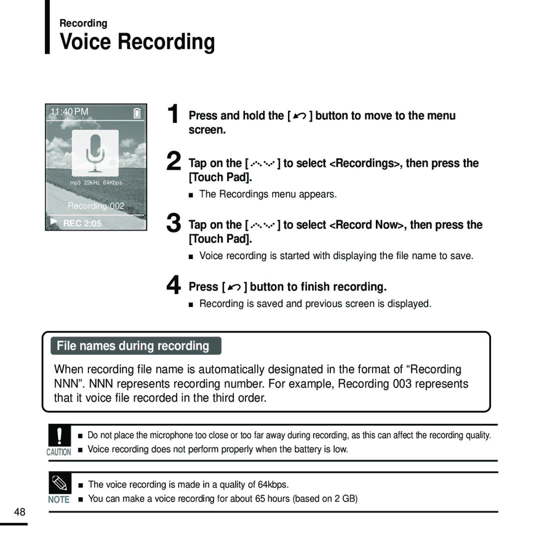 Samsung YP-Z5FAS/XEE, YP-Z5FQB/ELS Voice Recording, Press and hold the button to move to the menu, Recordings menu appears 