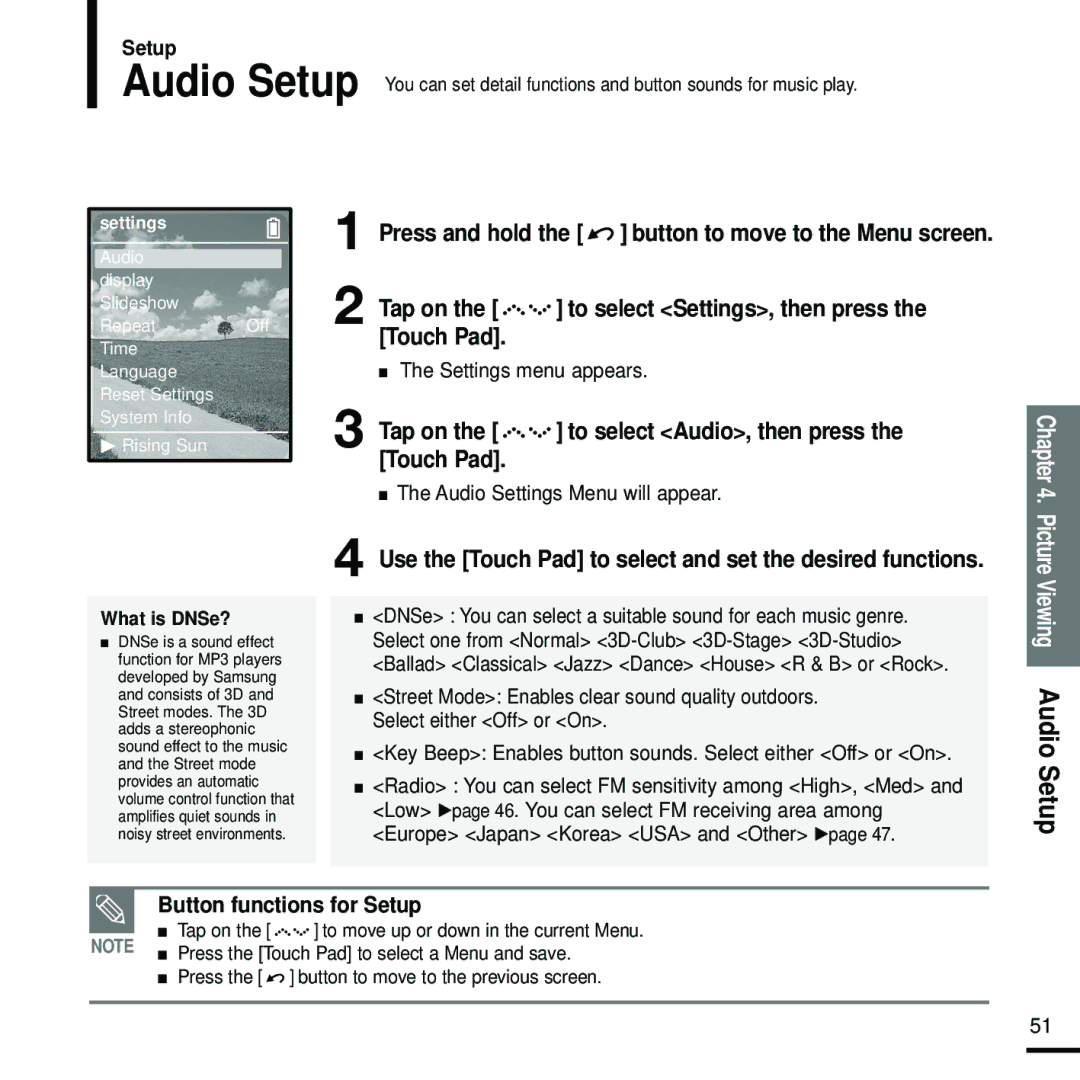 Samsung YP-Z5FZW/ELS, YP-Z5FQB/ELS, YP-Z5FAW/XEF, YP-Z5FZB/XEF, YP-Z5FAB/XEF manual Setup, Audio Settings Menu will appear 