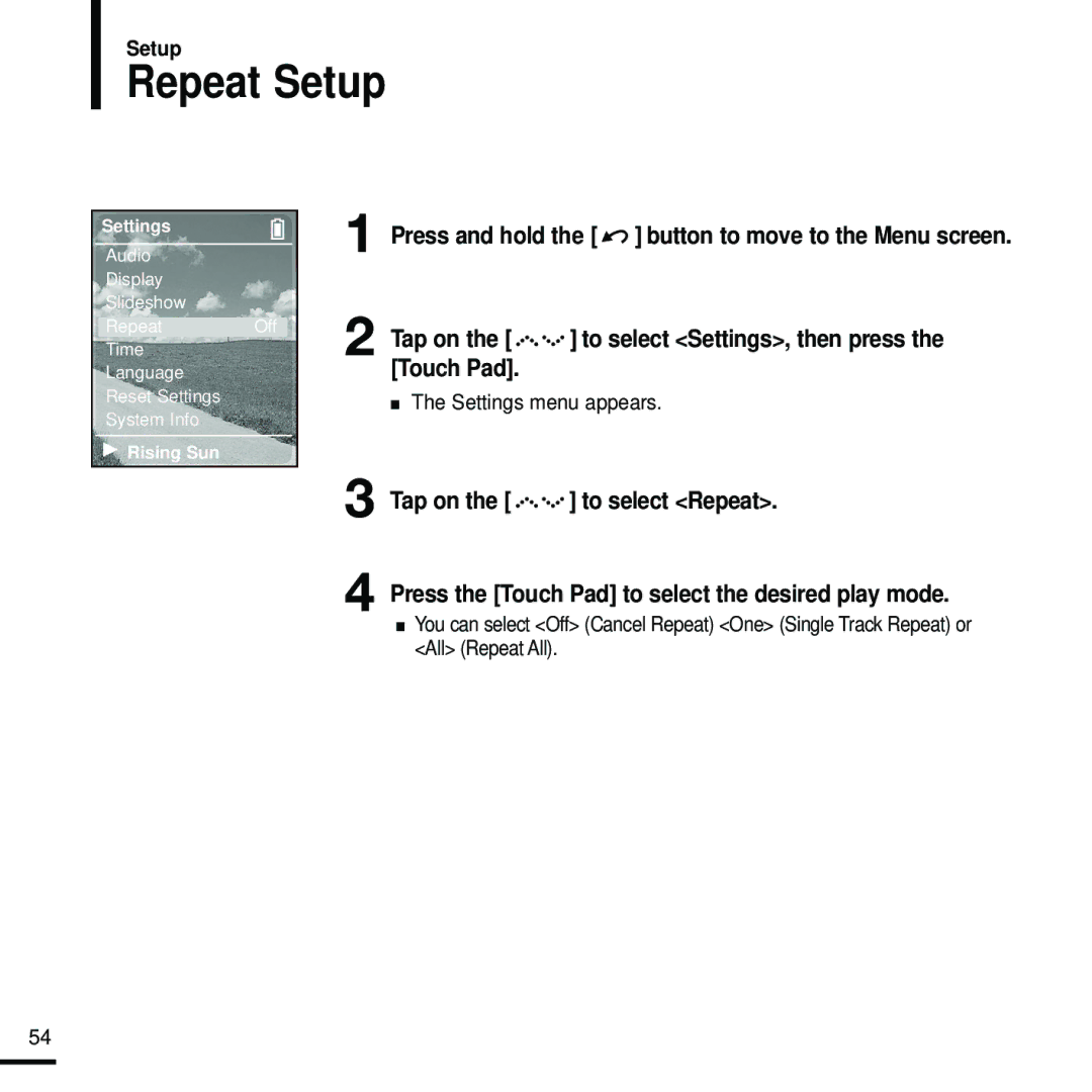 Samsung YP-Z5FZS/XET, YP-Z5FQB/ELS, YP-Z5FAW/XEF, YP-Z5FZW/ELS, YP-Z5FZB/XEF, YP-Z5FAB/XEF, YP-Z5FQW/ELS manual Repeat Setup 