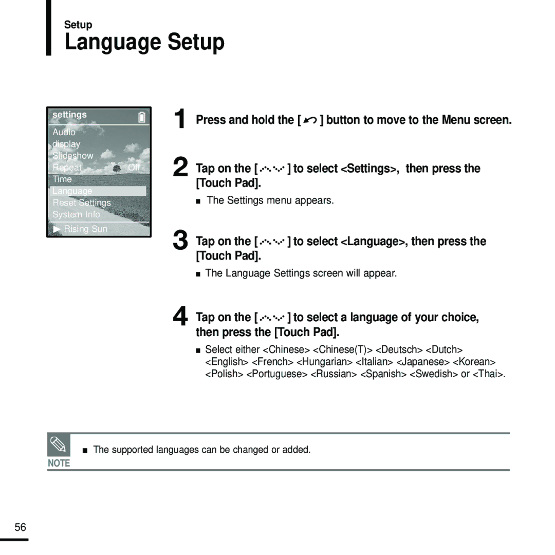 Samsung YP-Z5FQS/XEF, YP-Z5FQB/ELS, YP-Z5FAW/XEF Language Setup, Tap on the to select Settings, then press the Touch Pad 