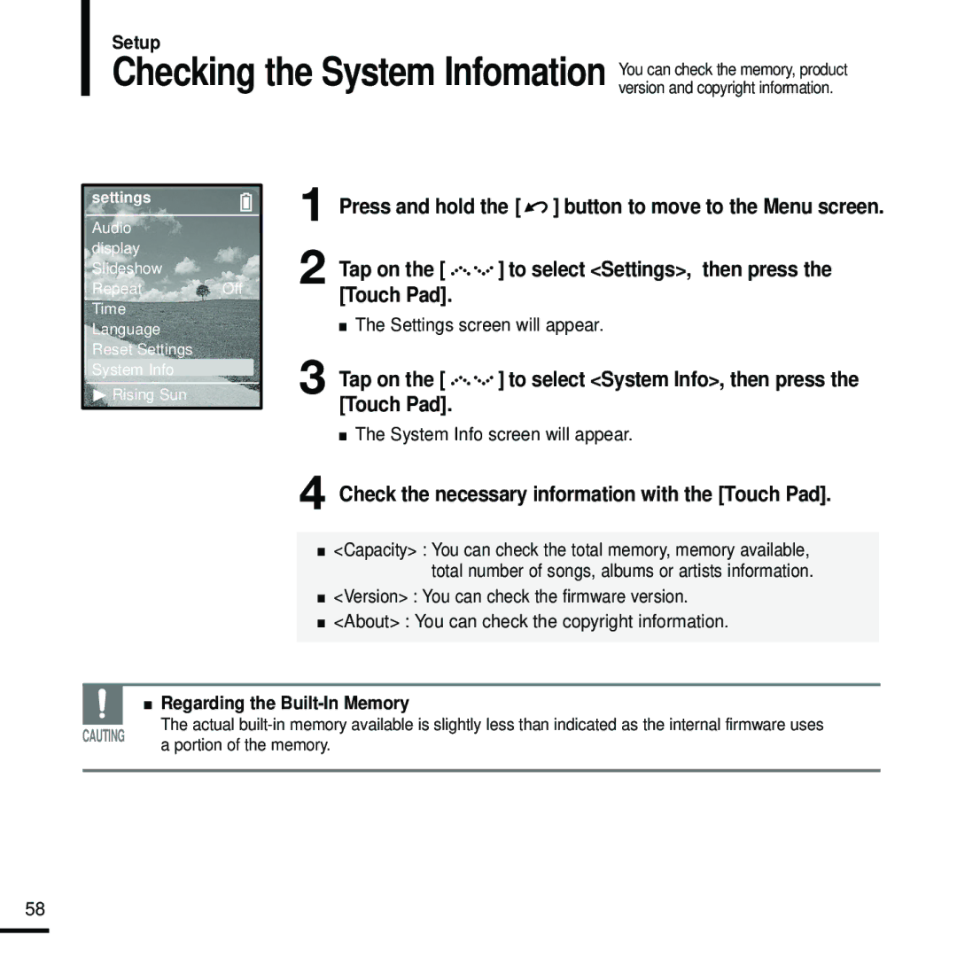 Samsung YP-Z5FZB/ELS, YP-Z5FQB/ELS manual Check the necessary information with the Touch Pad, System Info screen will appear 