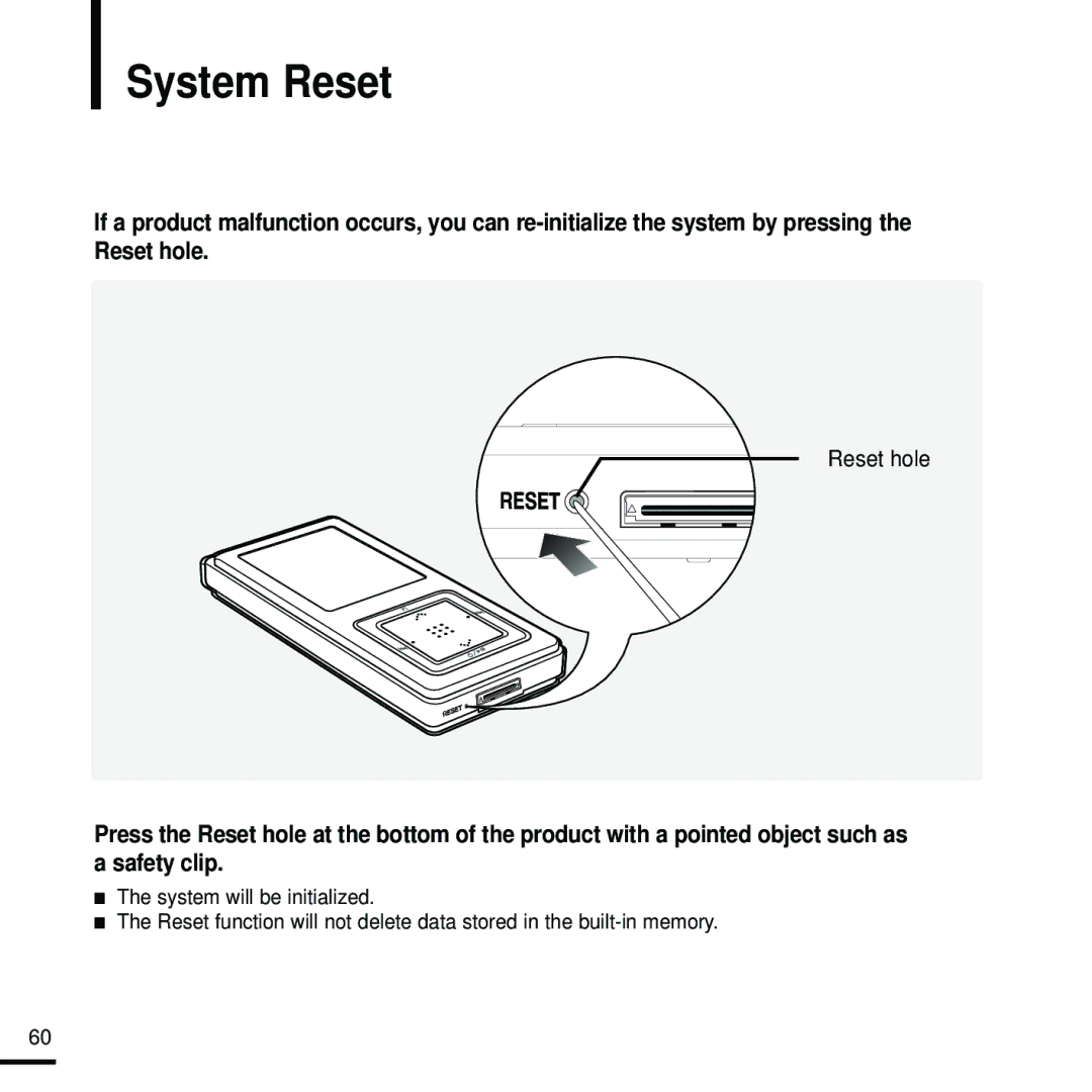 Samsung YP-Z5FQS/ELS, YP-Z5FQB/ELS, YP-Z5FAW/XEF, YP-Z5FZW/ELS, YP-Z5FZB/XEF, YP-Z5FAB/XEF manual System Reset, Reset hole 