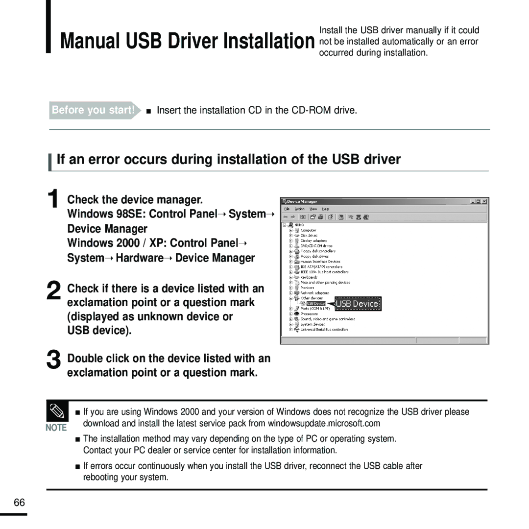 Samsung YP-Z5FQW/XET, YP-Z5FQB/ELS, YP-Z5FAW/XEF, YP-Z5FZW/ELS manual If an error occurs during installation of the USB driver 