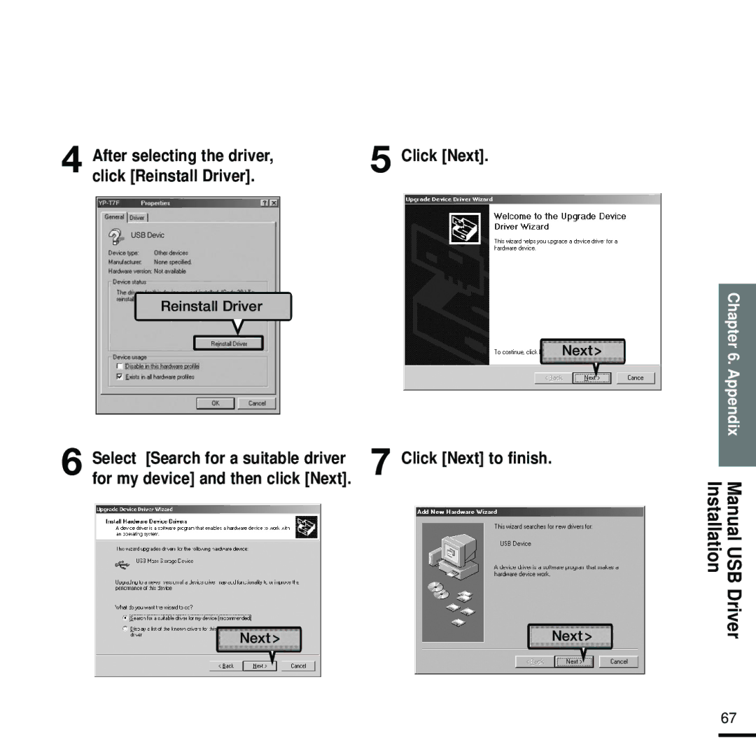 Samsung YP-Z5FQS/XET, YP-Z5FQB/ELS, YP-Z5FAW/XEF, YP-Z5FZW/ELS, YP-Z5FZB/XEF manual Manual USB Driver Installation, Appendix 