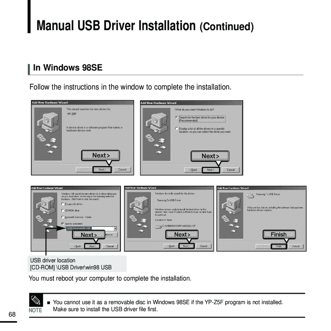 Samsung YP-Z5FAW/XET, YP-Z5FQB/ELS, YP-Z5FAW/XEF, YP-Z5FZW/ELS, YP-Z5FZB/XEF Manual USB Driver Installation, Windows 98SE 