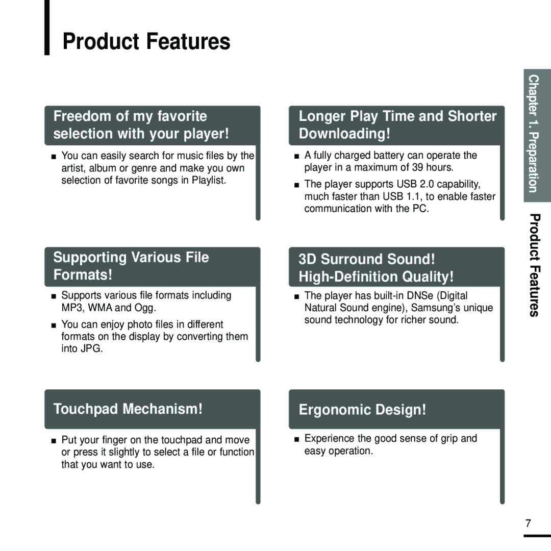 Samsung YP-Z5FQS/XEF, YP-Z5FQB/ELS, YP-Z5FAW/XEF Product Features, Experience the good sense of grip and easy operation 