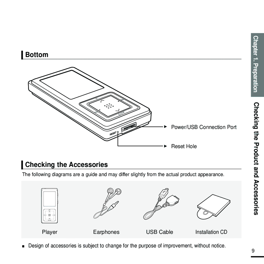 Samsung YP-Z5FZB/ELS, YP-Z5FQB/ELS manual Bottom, Checking the Accessories, Preparation Checking the Product and Accessories 