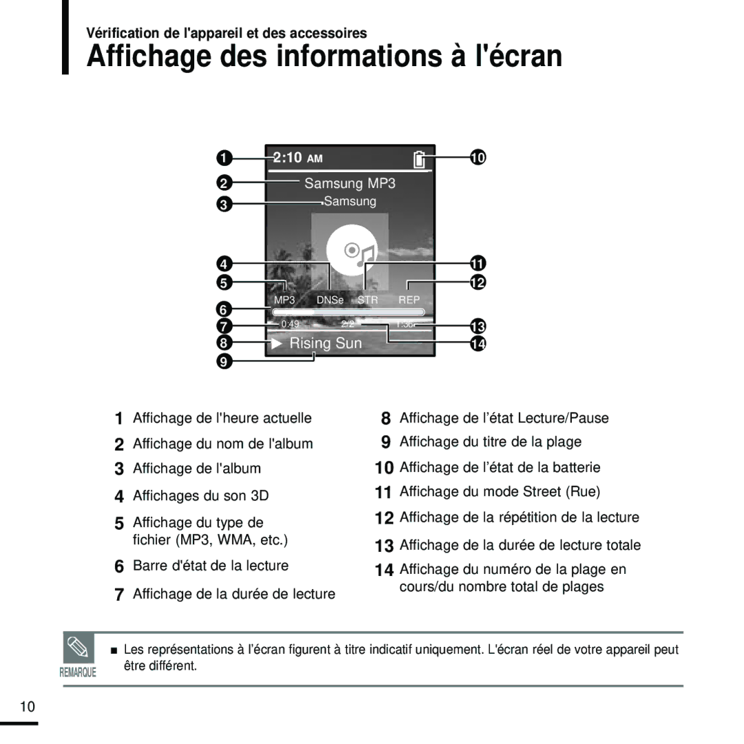 Samsung YP-Z5FQB/XEF, YP-Z5FQB/ELS, YP-Z5FAW/XEF, YP-Z5FZW/ELS, YP-Z5FZB/XEF manual Affichage des informations à lécran, 210 AM 