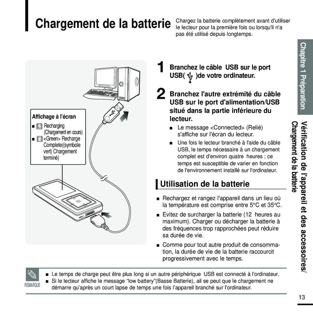 Samsung YP-Z5FQB/ELS, YP-Z5FAW/XEF, YP-Z5FZW/ELS manual Utilisation de la batterie, Vérification de, Et des accessoires 