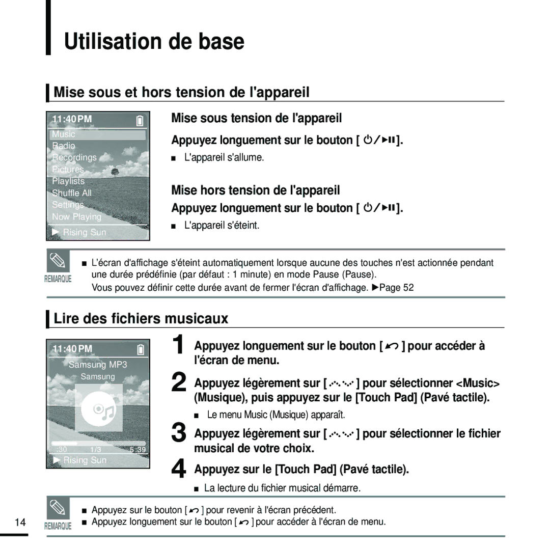 Samsung YP-Z5FAW/XEF, YP-Z5FQB/ELS Utilisation de base, Mise sous et hors tension de lappareil, Lire des fichiers musicaux 