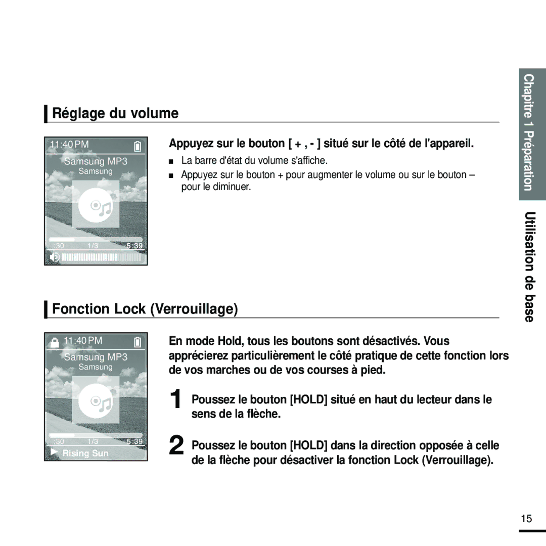 Samsung YP-Z5FZW/ELS, YP-Z5FQB/ELS, YP-Z5FAW/XEF, YP-Z5FZB/XEF manual Réglage du volume, Fonction Lock Verrouillage, De base 