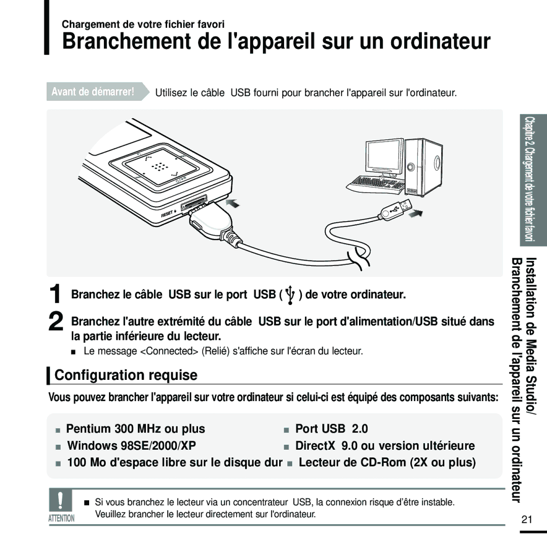 Samsung YP-Z5FZP/XEF manual Configuration requise, Branchez le câble USB sur le port USB de votre ordinateur, Un ordinateur 