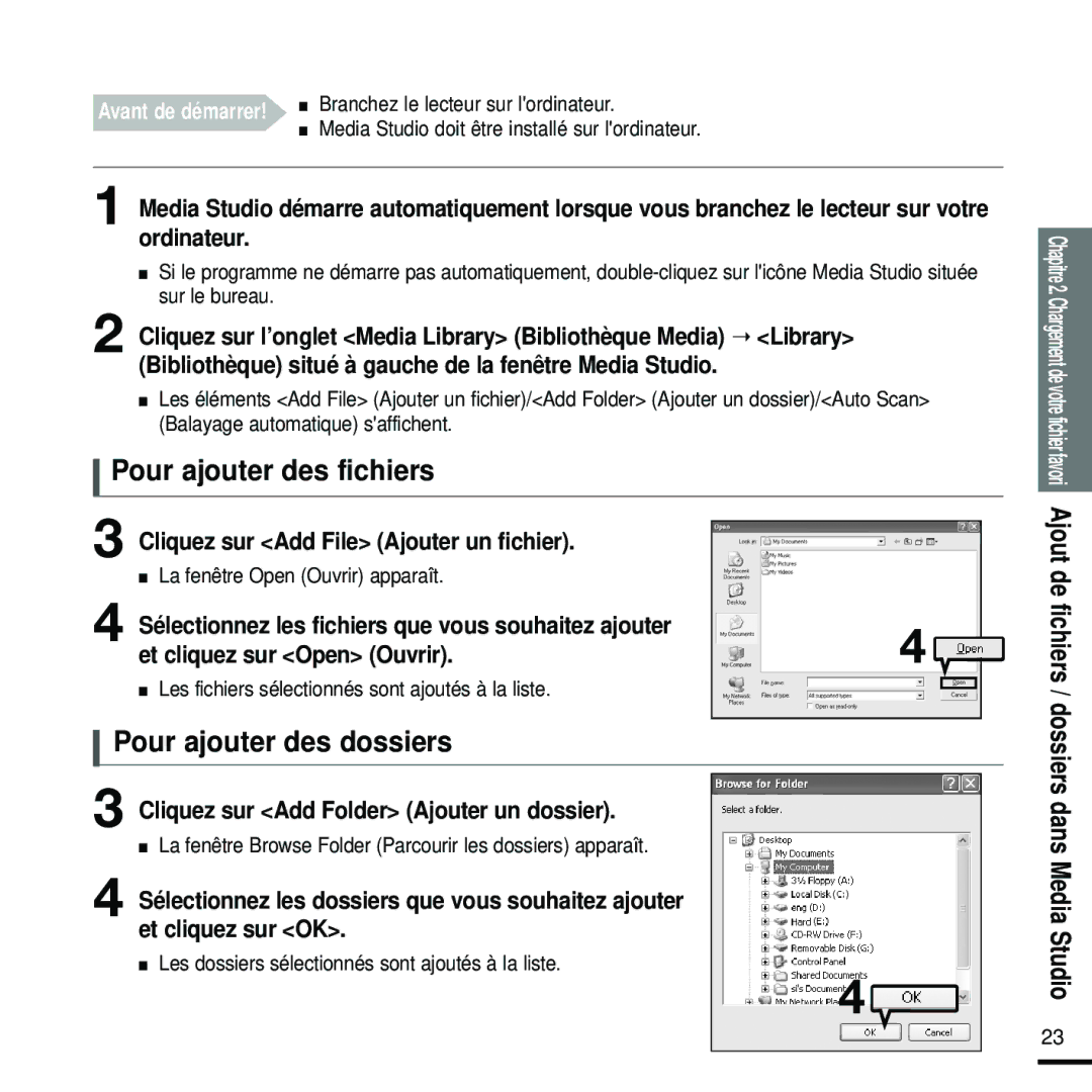 Samsung YP-Z5FQB/XEF manual Pour ajouter des fichiers, Pour ajouter des dossiers, Cliquez sur Add File Ajouter un fichier 