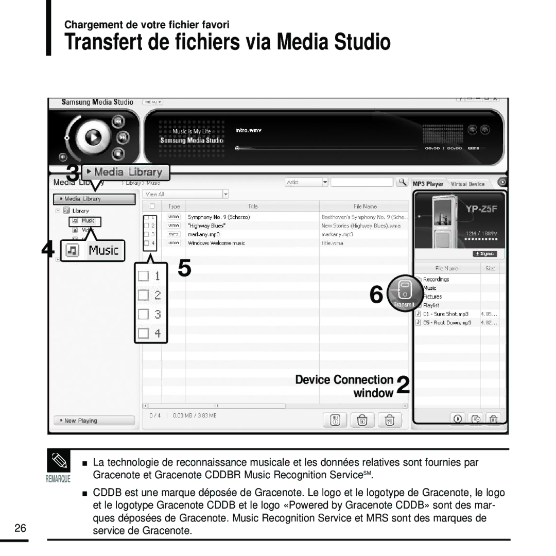 Samsung YP-Z5FQB/ELS, YP-Z5FAW/XEF Transfert de fichiers via Media Studio, Device Connectionwindow, Service de Gracenote 