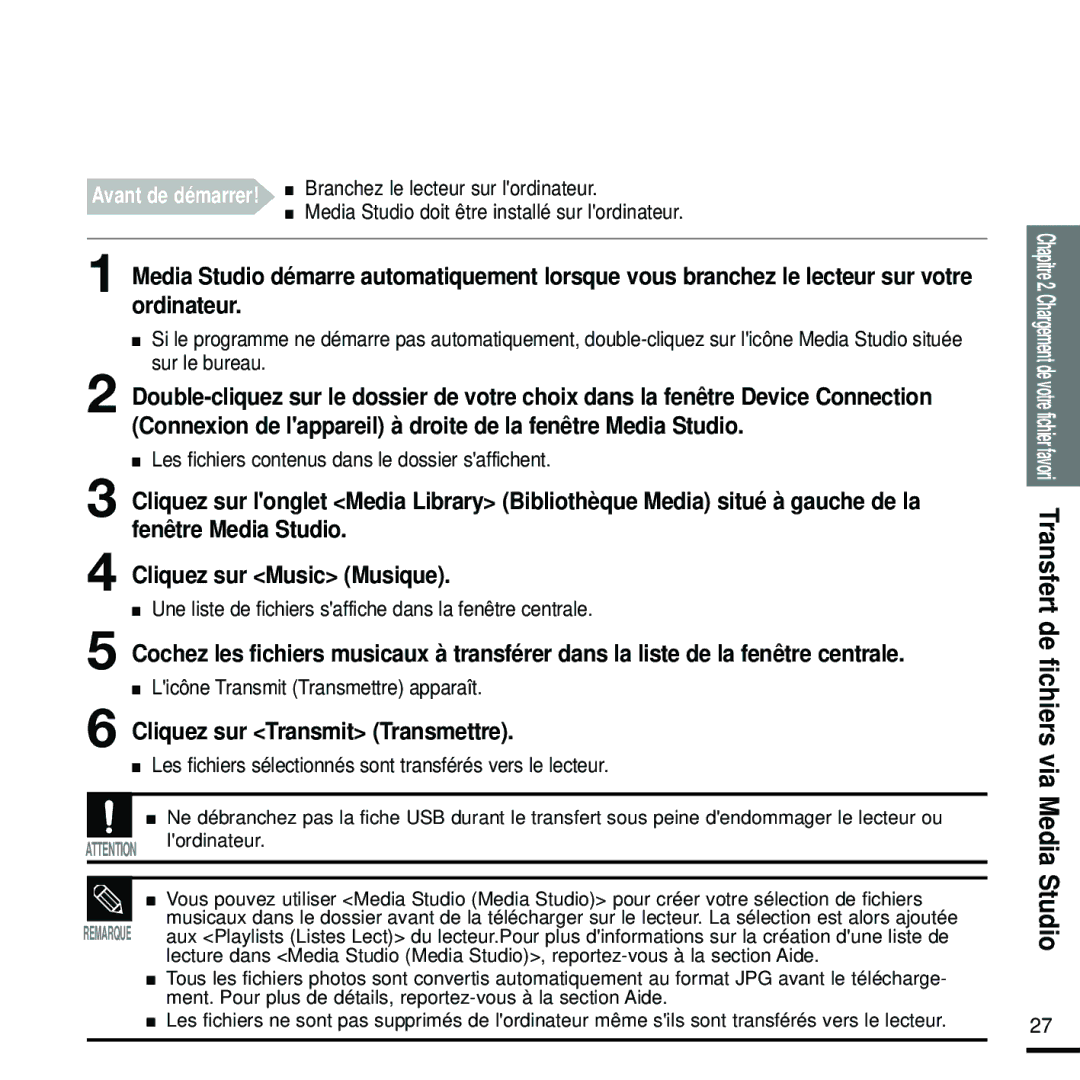 Samsung YP-Z5FAW/XEF, YP-Z5FQB/ELS manual Cliquez sur Transmit Transmettre, Les fichiers contenus dans le dossier saffichent 