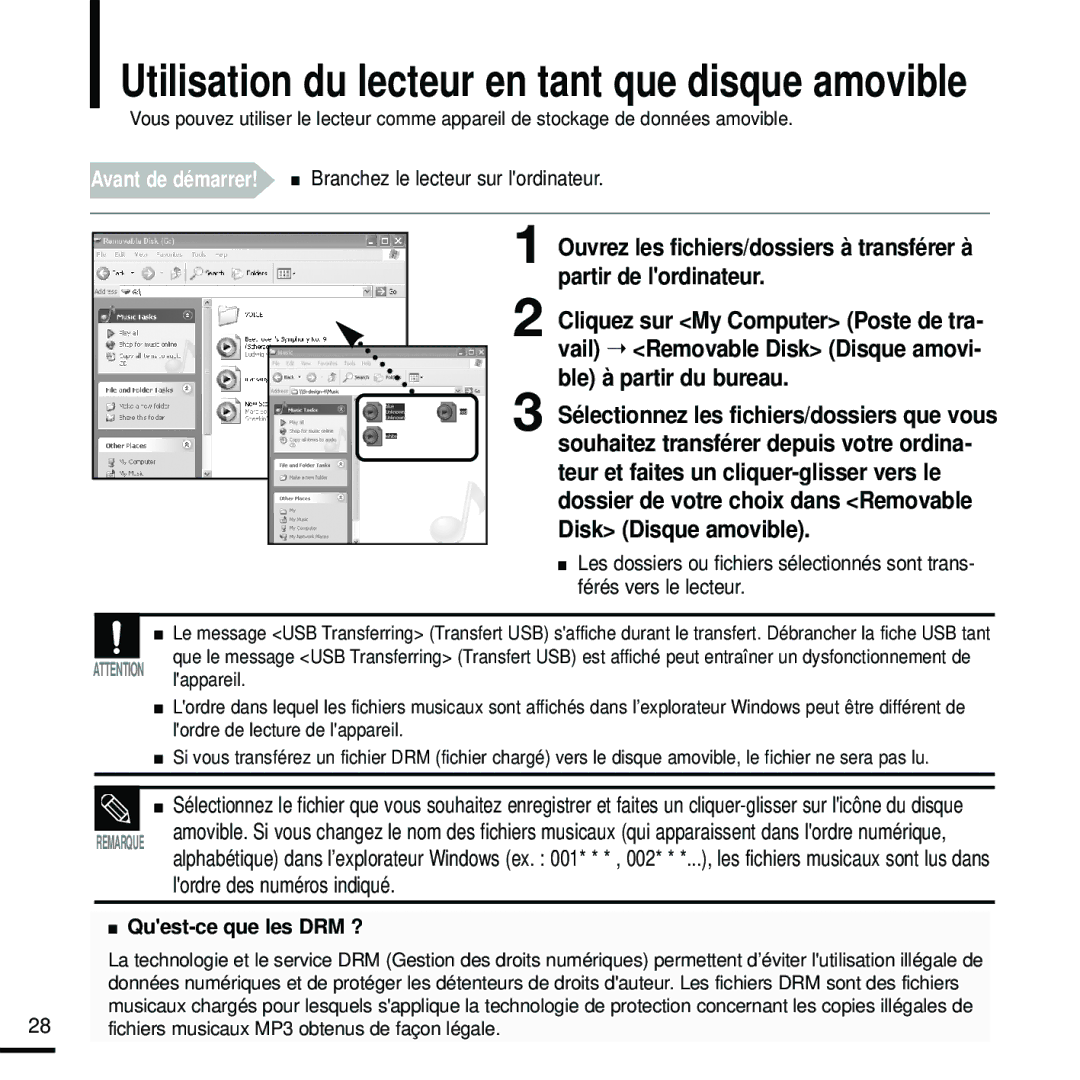 Samsung YP-Z5FZW/ELS, YP-Z5FQB/ELS manual Utilisation du lecteur en tant que disque amovible, Lordre des numéros indiqué 