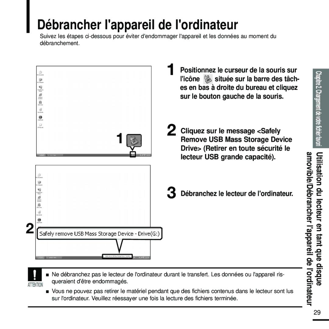 Samsung YP-Z5FZB/XEF, YP-Z5FQB/ELS, YP-Z5FAW/XEF, YP-Z5FZW/ELS Débrancher lappareil de lordinateur, Lappareil de En tant que 