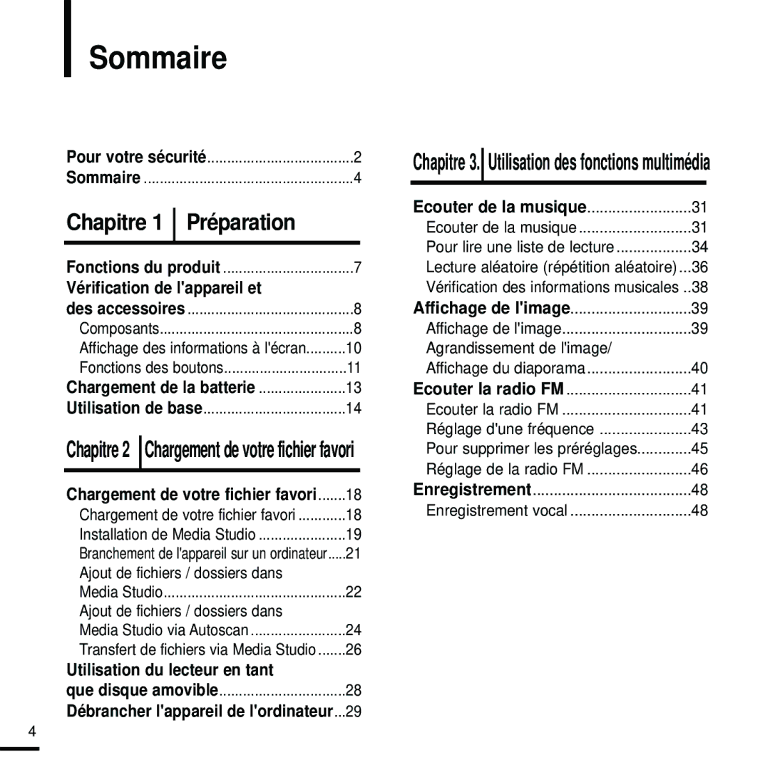 Samsung YP-Z5FAB/XEF Sommaire, Vérification de lappareil et, Utilisation du lecteur en tant, Agrandissement de limage 