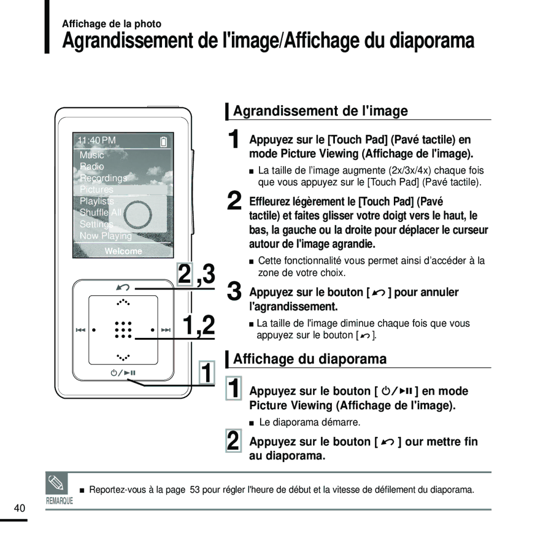 Samsung YP-Z5FAW/XEF, YP-Z5FQB/ELS, YP-Z5FZW/ELS, YP-Z5FZB/XEF, YP-Z5FAB/XEF Agrandissement de limage, Affichage du diaporama 