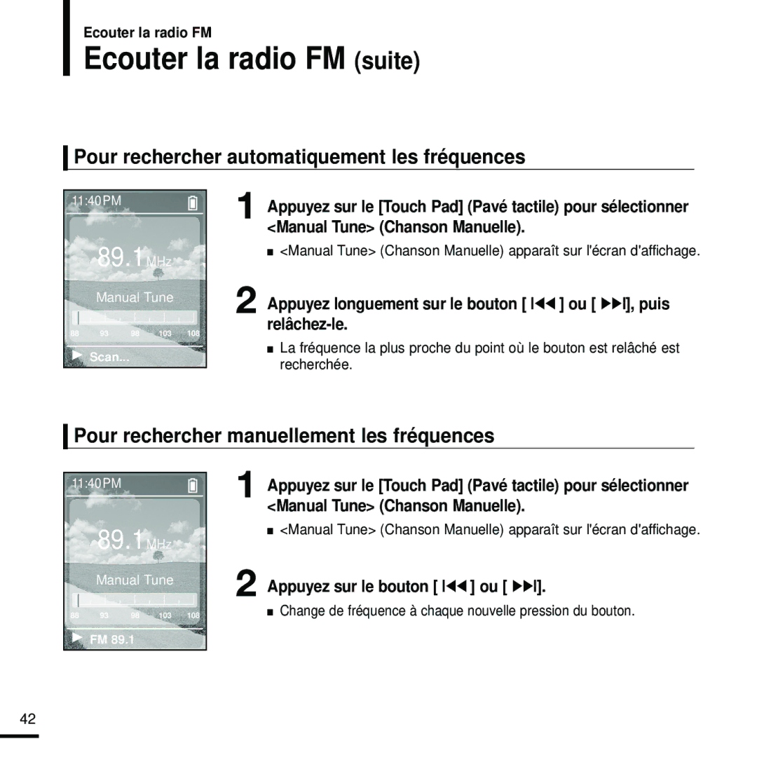 Samsung YP-Z5FZB/XEF, YP-Z5FQB/ELS, YP-Z5FAW/XEF Ecouter la radio FM suite, Pour rechercher automatiquement les fréquences 