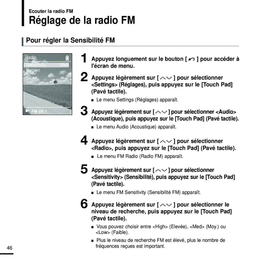 Samsung YP-Z5FQS/XEF, YP-Z5FQB/ELS, YP-Z5FAW/XEF, YP-Z5FZW/ELS manual Réglage de la radio FM, Pour régler la Sensibilité FM 