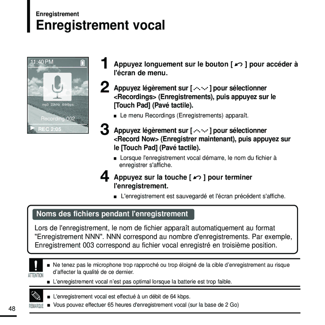 Samsung YP-Z5FZB/ELS, YP-Z5FQB/ELS, YP-Z5FAW/XEF Enregistrement vocal, Appuyez sur la touche pour terminer lenregistrement 