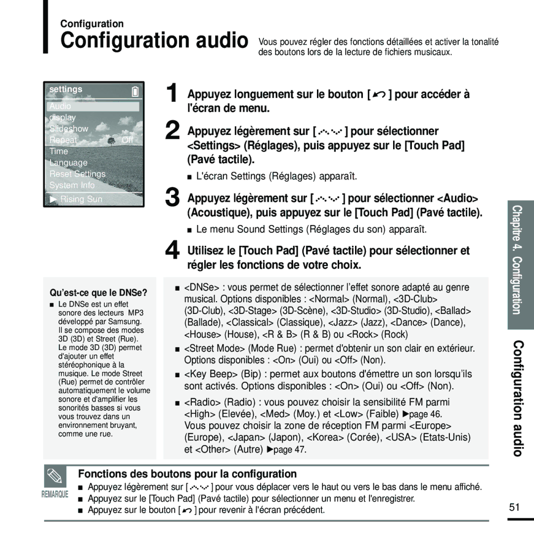 Samsung YP-Z5FAB/ELS, YP-Z5FQB/ELS manual Lécran Settings Réglages apparaît, Le menu Sound Settings Réglages du son apparaît 