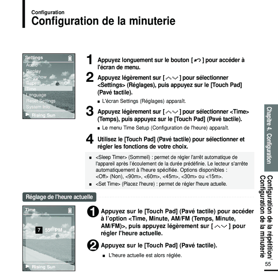 Samsung YP-Z5FZB/XEF, YP-Z5FQB/ELS manual Configuration de la minuterie, Le menu Time Setup Configuration de lheure apparaît 