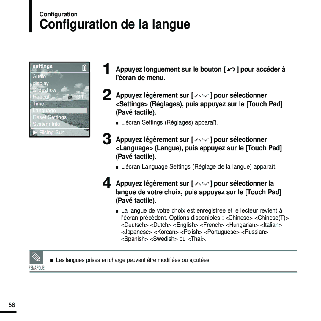 Samsung YP-Z5FAB/XEF, YP-Z5FQB/ELS manual Configuration de la langue, Lécran Language Settings Réglage de la langue apparaît 