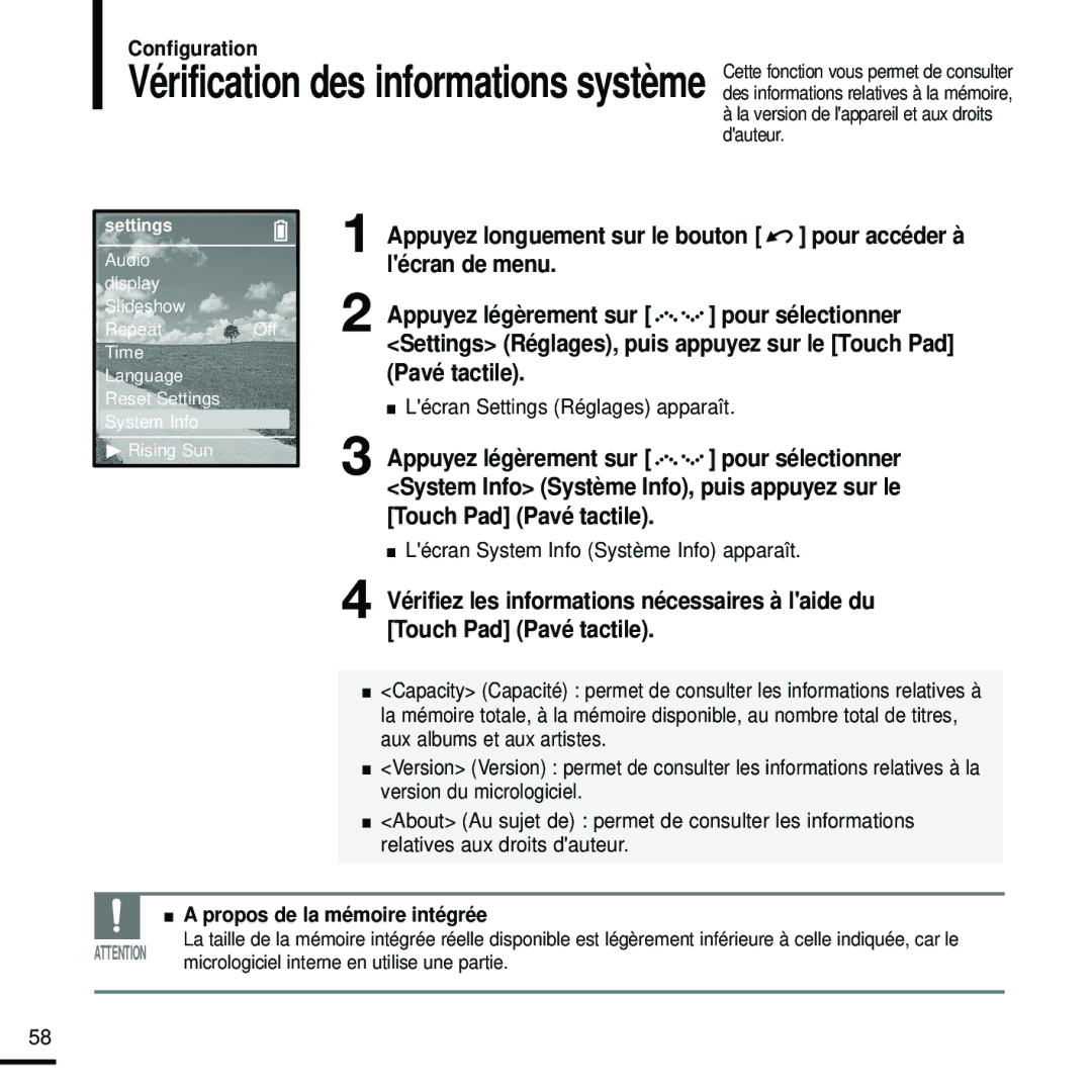 Samsung YP-Z5FQW/ELS, YP-Z5FQB/ELS manual Vérification des informations système, Lécran System Info Système Info apparaît 