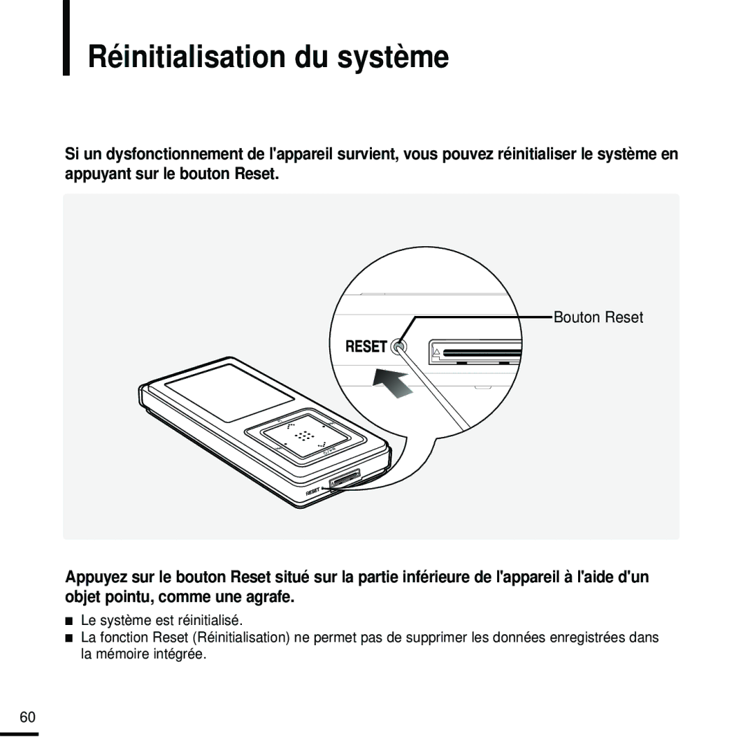 Samsung YP-Z5FZP/XEF, YP-Z5FQB/ELS, YP-Z5FAW/XEF, YP-Z5FZW/ELS, YP-Z5FZB/XEF manual Réinitialisation du système, Bouton Reset 