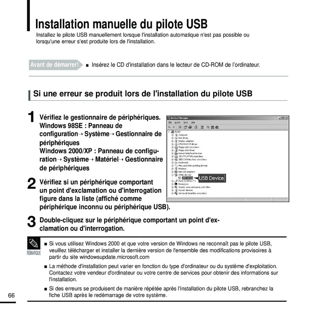 Samsung YP-Z5FAW/XEF Installation manuelle du pilote USB, Si une erreur se produit lors de linstallation du pilote USB 